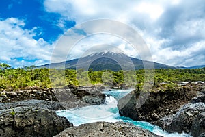 Osorno volcano view from Petrohue waterfall, Los Lagos landscape, Chile, South America photo