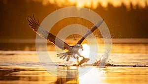 Osprey catching a fish in the sunset