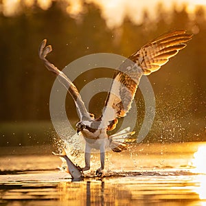 Osprey catching a fish in the sunset