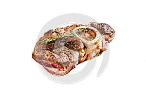 Osso buco, cooked Veal shank. Ossobuco meat. Isolated on white background. Top view.