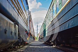 Ostankino tower between two old trains photo