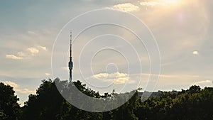 Ostankino TV tower against moving clouds