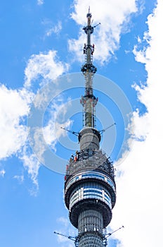 Ostankino TV tower at clear sunny clouds day.