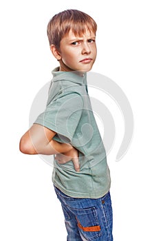 Osteochondrosis kid teenage boy holds hand behind photo