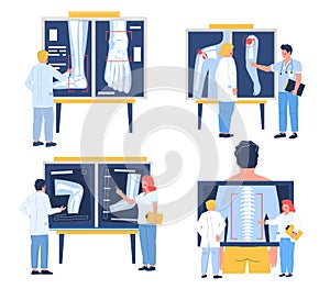 Osteopath examining xray pictures of patient joints, spine bones, flat vector illustration. Osteoarthritis, osteoporosis