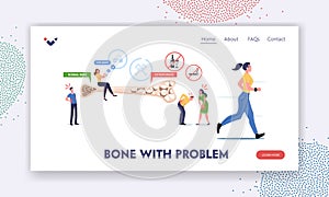 Osteoporosis Landing Page Template. Tiny Male and Female Characters with Bones Disease Symptoms near Bone Cross Section