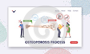 Osteoporosis Process Landing Page Template. Tiny Male Female Characters with Bones Disease near Huge Bone Cross Section