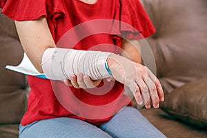 Osteoporosis splint with elastic bandage is applied to help keep the splint in place photo