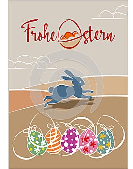 Frohe Ostern Karte mit bunten Eiern und laufendem HÃ¤schen auf Wiese - German Happy Easter card photo