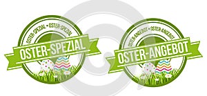 Osterspezial und Osterangebot - Siegel mit Ostereier und Blumenwiese.