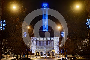 Ostrava city townhall with christmas celebration light at night