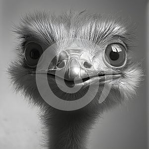 Ostrich in black and white, portrait of an ostrich