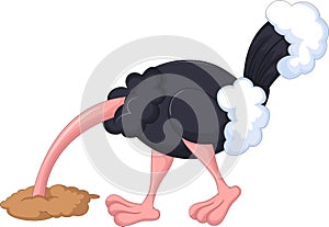 Ostrich cartoon has buried a head in sand