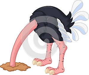 Ostrich cartoon has buried a head in sand