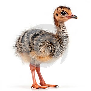 An ostrich chick standing in front of a white background