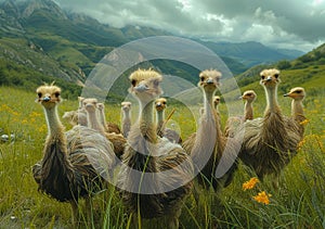 Ostrich and chicks in field. A group of ostriches stand together in a grassy field