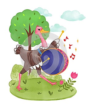 Ostrich is drumming in garden . Realistic watercolor paint with paper textured . Cartoon character design . Vector photo