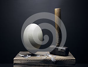 Ostrich egg and hammer fine art still life