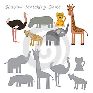 Ostrich elephant giraffe hippopotamus hyena leopard isolated on white background, Shadow Matching Game for Preschool Children. Fin