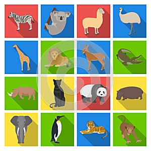 Ostrich emu, crocodile, giraffe, tiger, penguin and other wild animals. Artiodactyla, mammalian predators and animals