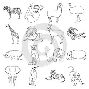 Ostrich emu, crocodile, giraffe, tiger, penguin and other wild animals. Artiodactyla, mammalian predators and animals