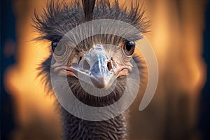 Ostrich face close-up. eyes with eyelashes in focus. Funny face. Selective focus.