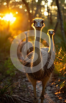 Ostrich family walking on the road at sunset. Ostrich farm