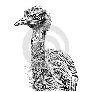 Ostrich portrait sketch hand drawn engraving style