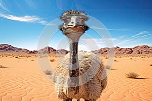 Ostrich in the Sahara desert, Morocco. Safari in Africa, ostrich in the desert HD 8K wallpaper Stock Photographic Image, AI