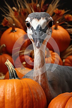 An ostrich standing in front of a pile of pumpkins. Generative AI image.