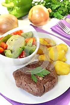 Ostrich steak with crispy baked potatoes