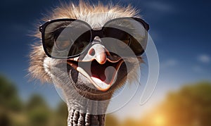 Ostrich in sunglasses on the nature background. 3d rendering.