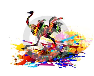 Ostrich tropical African bird animal running. Digital painting.