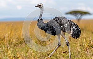 Ostrich walking in the savannah. The ostrich in the savannah