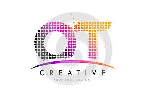 OT O T Letter Logo Design with Magenta Dots and Swoosh