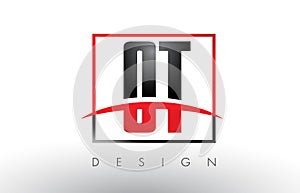OT O T Logo Letters with Red and Black Colors and Swoosh.