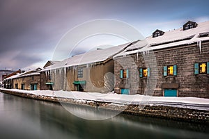 Otaru, Japan winter Skyline on the Canals