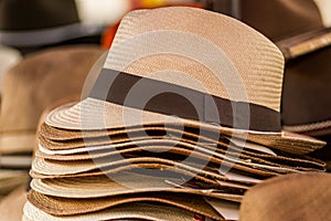 OTAVALO, ECUADOR - MAY 17, 2017: Close up of a handmade Panama Hats at the craft market in Otavalo, Ecuador