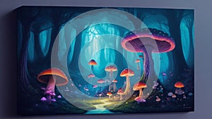 An otherworldly fairy tale forest with enormous, glowing mushrooms