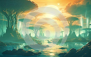 Otherworldly landscape with colossal fungi stand in the water under a large sun. Ethereal dreamlike alien planet panorama