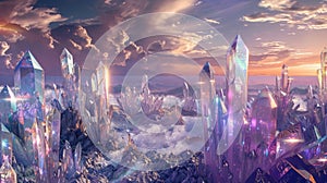 An otherworldly landscape filled with towering crystal structures representing the final stage of the alchemical