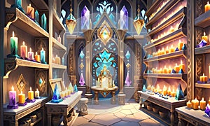 Otherworldly mineral trove in a spellbound library. Amulets concept. Fairy tale background. Extra wide banner. AI photo