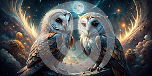 Otherworldly Owls Harnessing the Powers of the Cosmos in Moody Gothic Fantasy Generative By AI photo