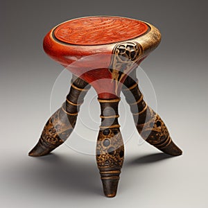 Otherworldly Stool: Wood And Iron With Red And Black Top photo