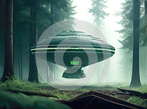 An otherworldly UFO gracefully hovers over a lush Forest.