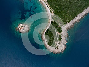 Otocic Gospa Island near the Mamula Peninsula. Montenegro. Drone