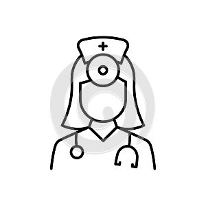 Otolaryngologist Doctor Line Icon. Otolaryngology Medic Staff with Stethoscope, Mirror Linear Pictogram. Ear, Nose