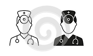 Otolaryngologist Doctor Line and Silhouette Black Icon Set. Otolaryngology Medic Staff with Stethoscope, Mirror