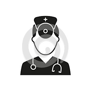 Otolaryngologist Doctor Silhouette Icon. Otolaryngology Medic Staff with Stethoscope, Mirror Black Pictogram. Ear, Nose