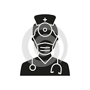 Otolaryngologist Doctor Silhouette Icon. Otolaryngology Medic Staff with Stethoscope, Mirror Glyph Black Pictogram. Ear